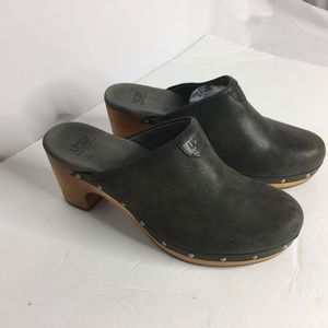 UGG Womens Size 7 Black Leather Slide On Clogs
